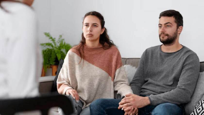 Couples Therapy showing two people holding hands and talking to a therapist